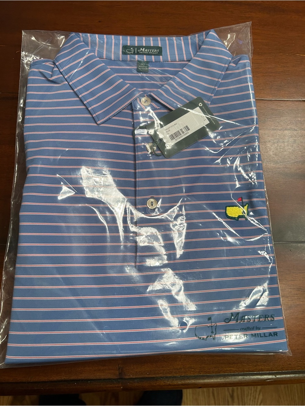Masters Peter Millar Light Blue Polo with Pink and White Stripes XL